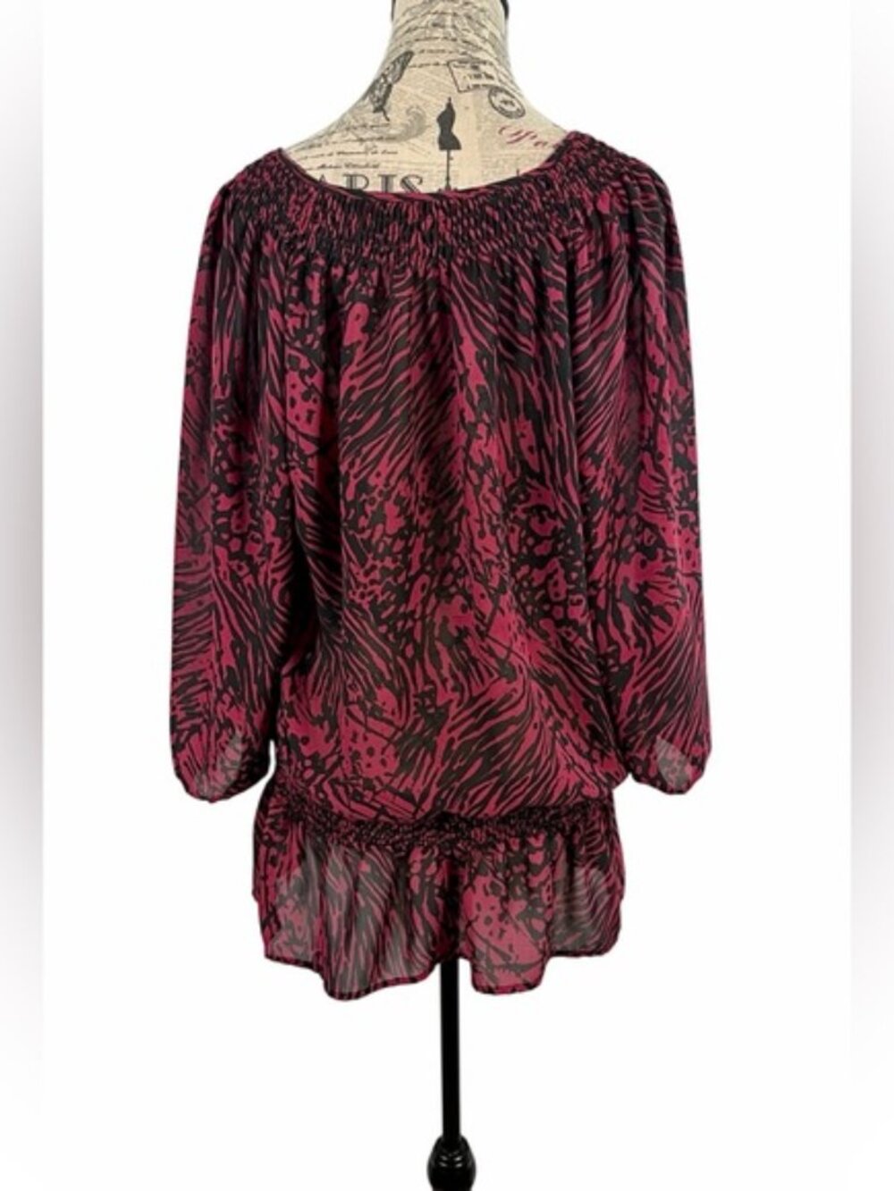 Miss Tina Tina Knowles Cranberry Zebra Print Peasant Blouse L Boho Peplum - Picture 5 of 9